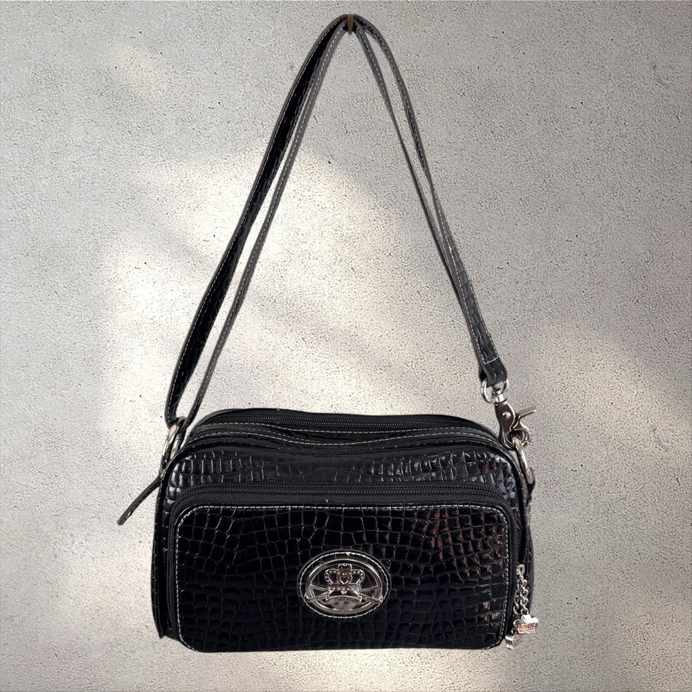 Kathy Van‎ Zeeland Black Patent Croc Shoulder Bag Y2K Rhinestone Charm Studded